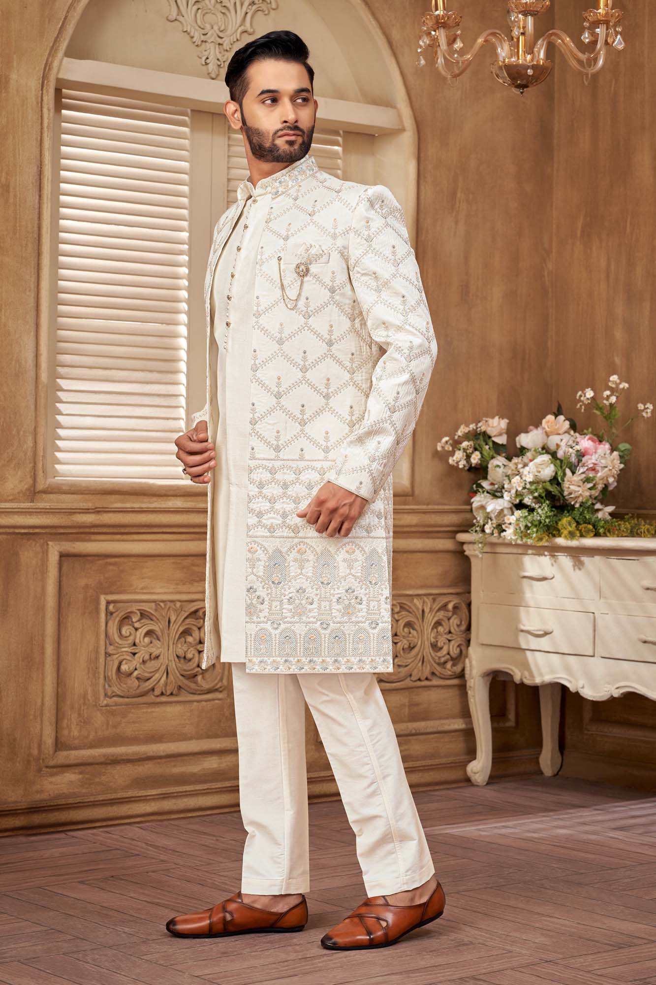 Elegant Indo-Western Men'S Kurta Set With Gold Embroidery | Festive & Wedding Wear