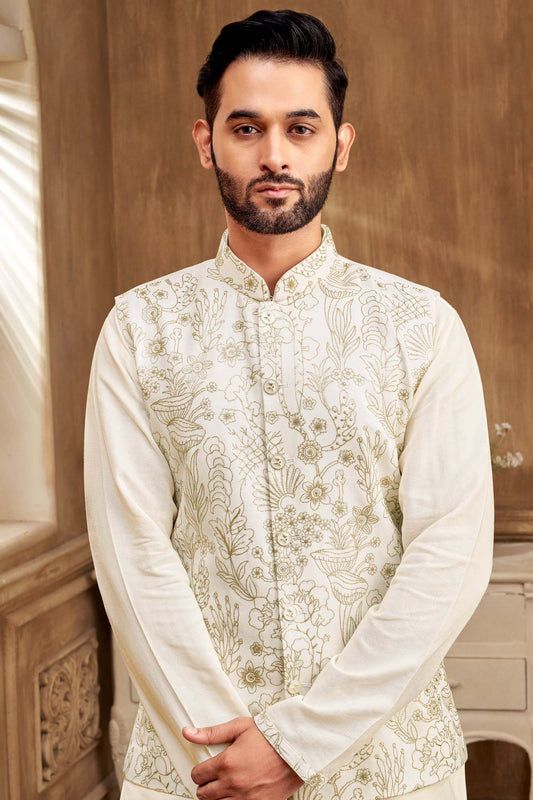 Men’s Ethnic Cream Kurta Set With Gold Embroidery