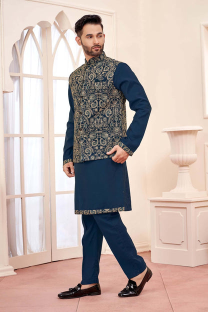 Royal Navy: Ethnic Kurta Set With Gold Embroidered Jacket