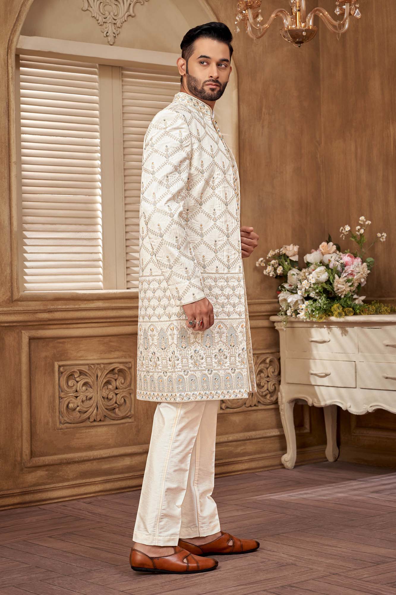 Elegant Indo-Western Men'S Kurta Set With Gold Embroidery | Festive & Wedding Wear