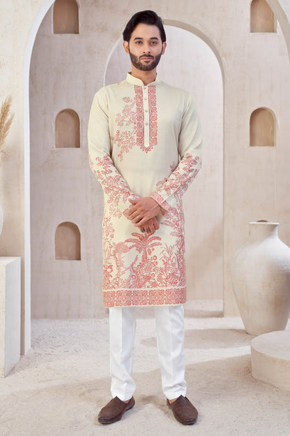 Cream Cherry Red Stylish Festive Kurta